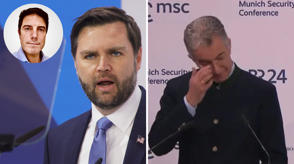 JD Vance (left), Chairman Christoph Heusgen cries on stage (right)