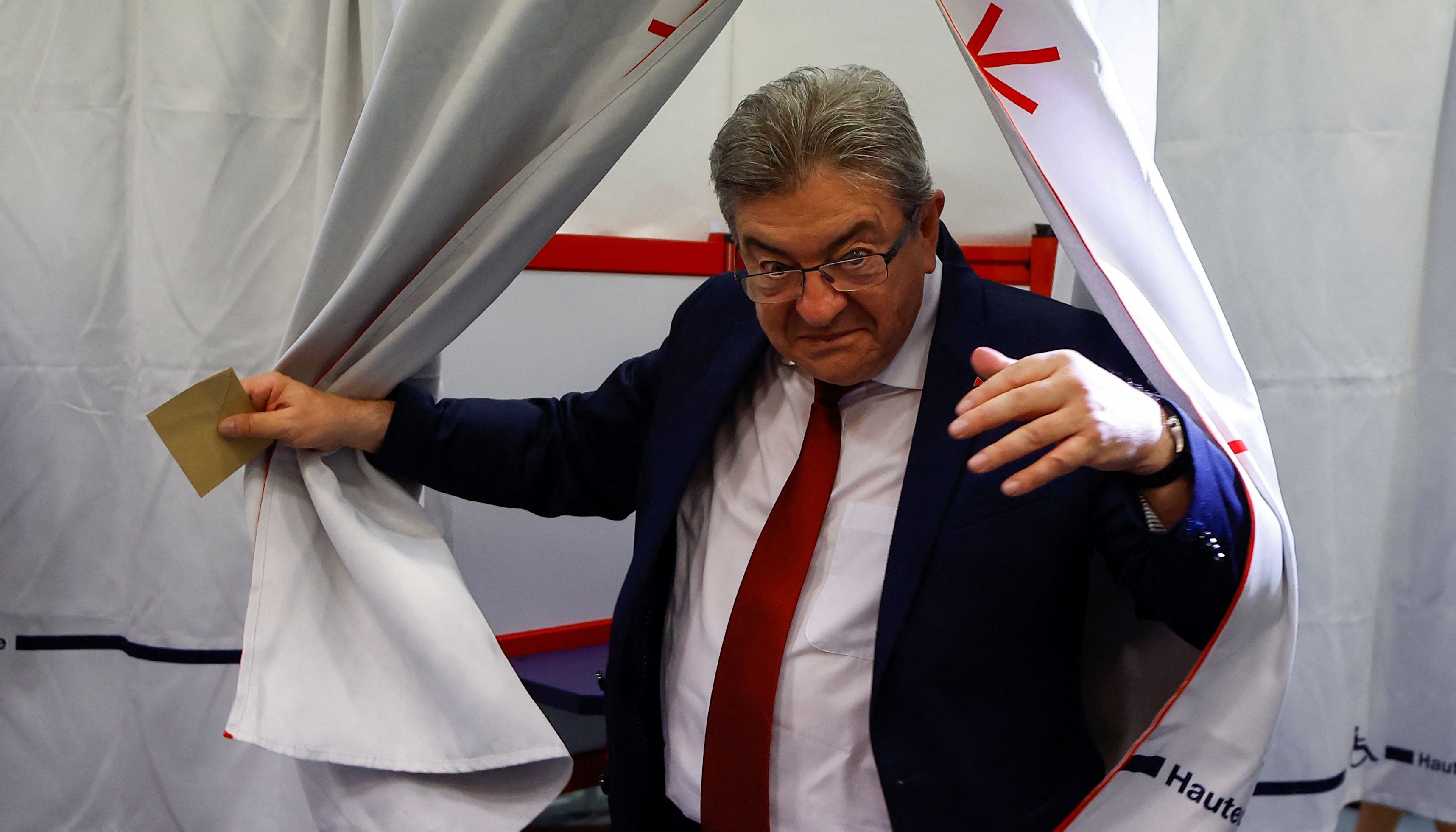 Jean-Luc Melenchon, leader of French far-left opposition party La France Insoumise (France Unbowed), member of parliament and leader of left-wing coalition New Ecologic and Social People's Union (NUPES), votes in the second round of French parliamentary elections, at a polling station in Marseille.
