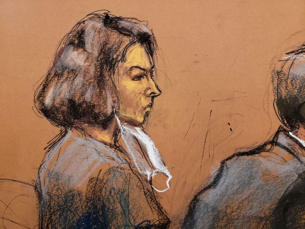 Jeffrey Epstein associate Ghislaine Maxwell sits at the defense table in a courtroom sketch in New York City, U.S., March 8, 2022. REUTERS/Jane Rosenberg