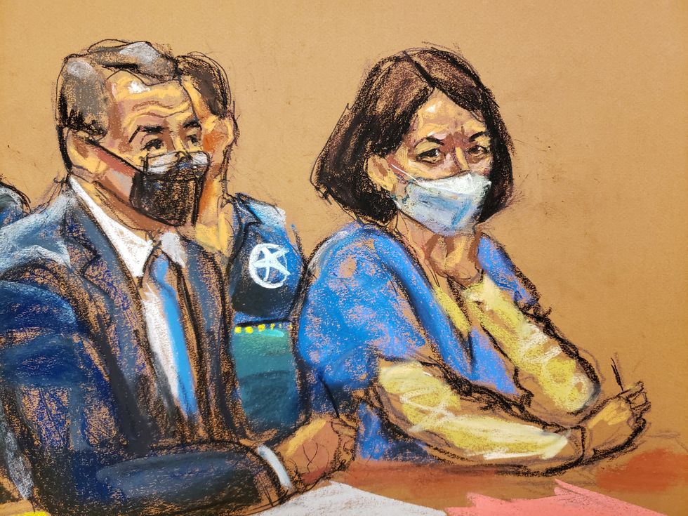 Jeffrey Epstein associate Ghislaine Maxwell sits with her defense lawyer Christian Everdell during her sentencing hearing in a courtroom sketch in New York City, U.S. June 28, 2022. Maxwell was convicted on December 29, 2021 on five of the six counts she faced for helping the late financier and convicted sex offender Jeffrey Epstein sexually abuse underage girls.   REUTERS/Jane Rosenberg