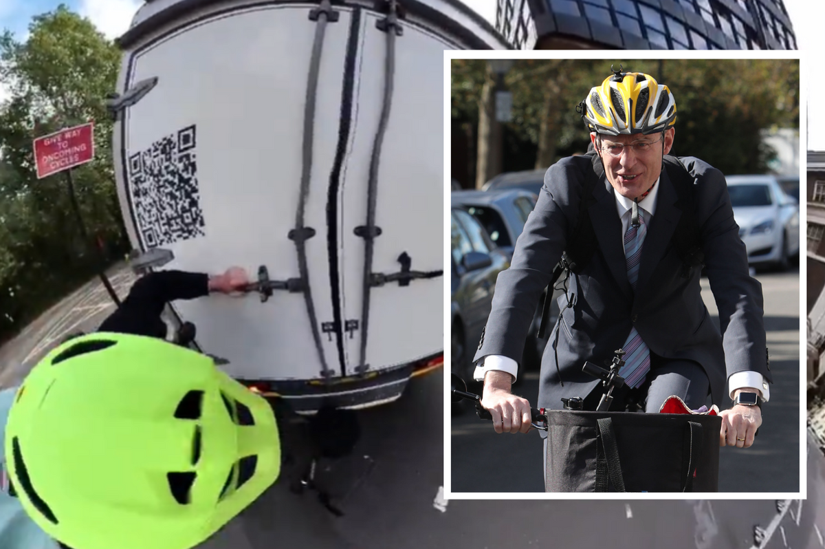 Jeremey vine being almost hit by the van superimposed with a photo of Vine cycling