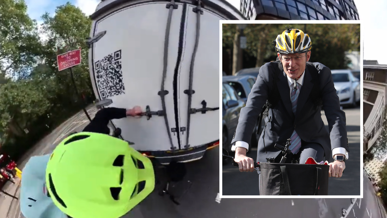 Jeremey vine being almost hit by the van superimposed with a photo of Vine cycling