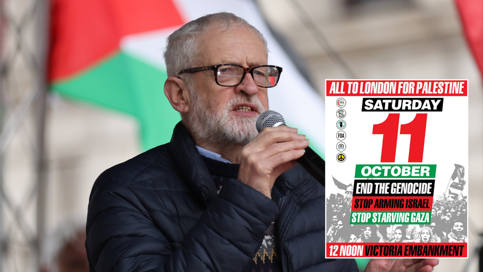 Jeremy Corbyn and poster of Palestine demonstration