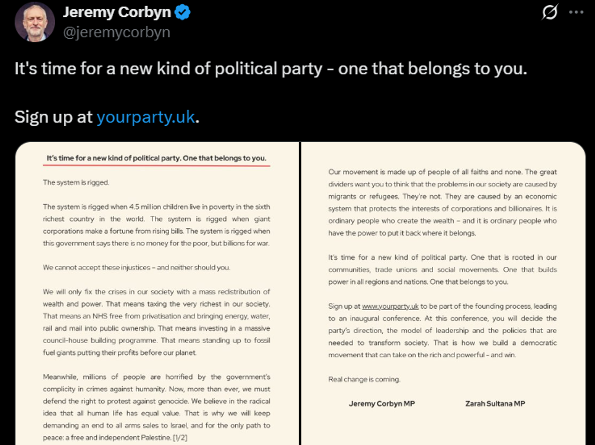 Jeremy Corbyn and Zarah Sultana statement