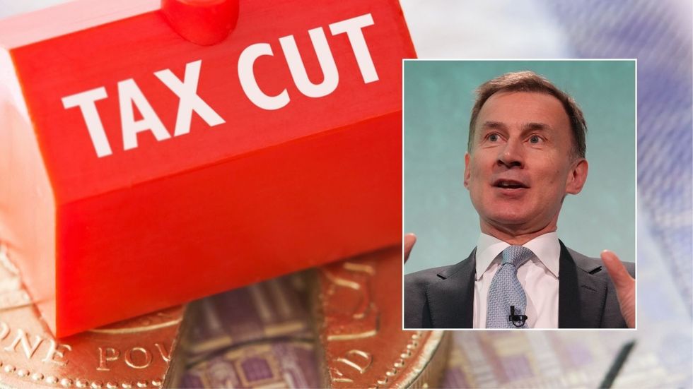 Jeremy Hunt and house with tax cut sign