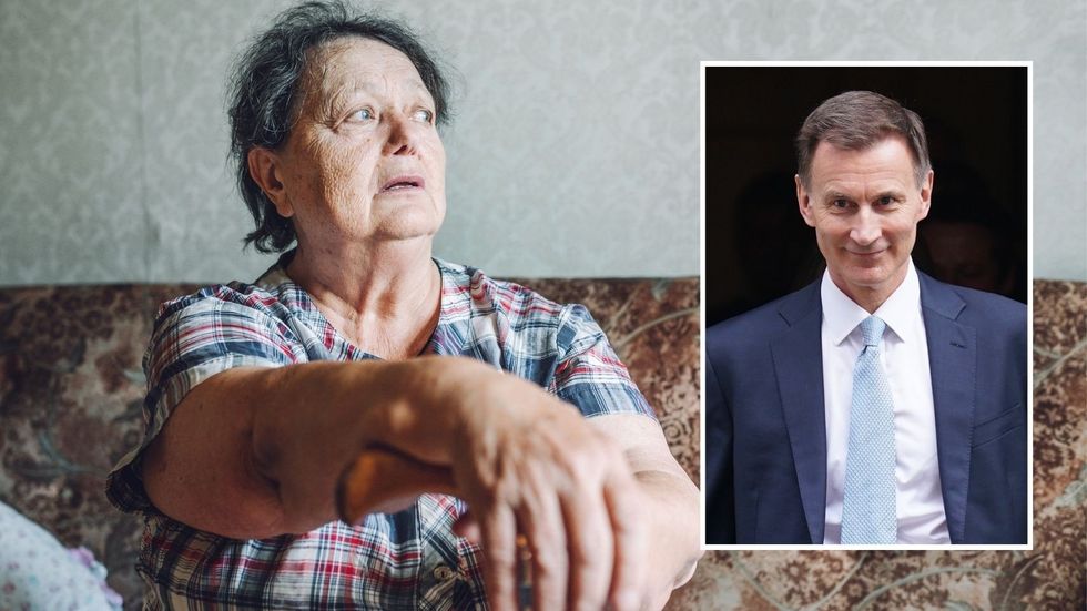 Jeremy Hunt and pensioner looking worried