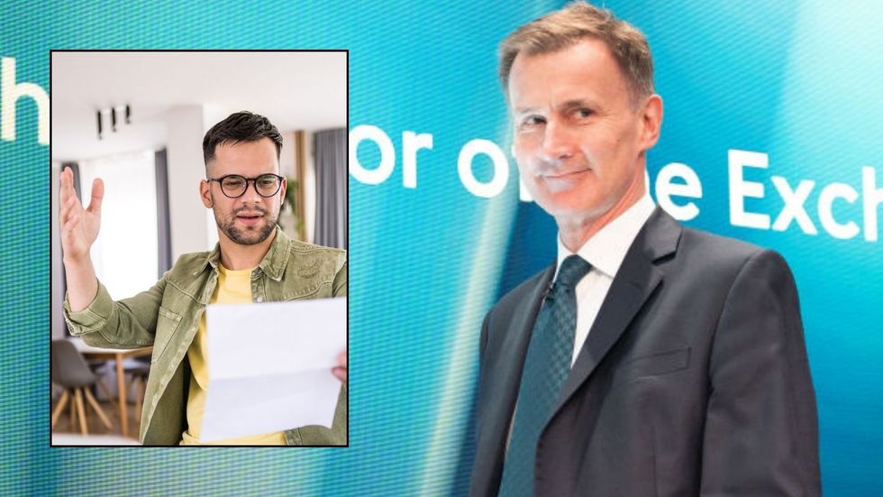 Jeremy Hunt at event and outraged man looking at bill
