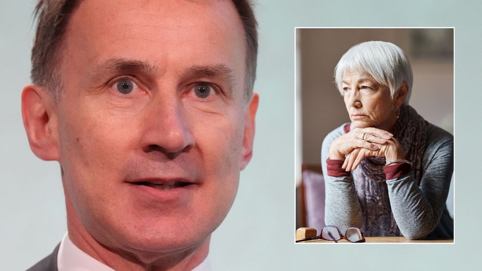 Jeremy Hunt at event and woman looking worried