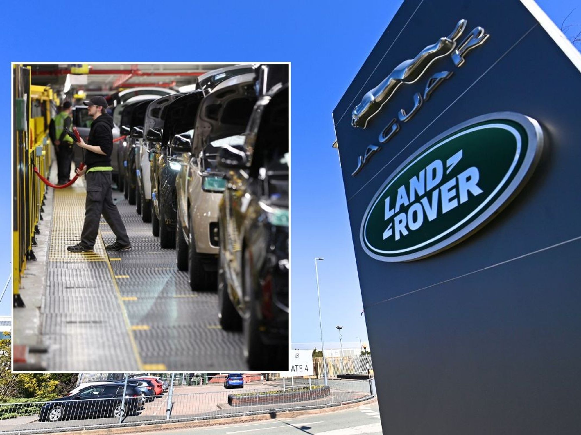 JLR production facility and a Jaguar Land Rover sign