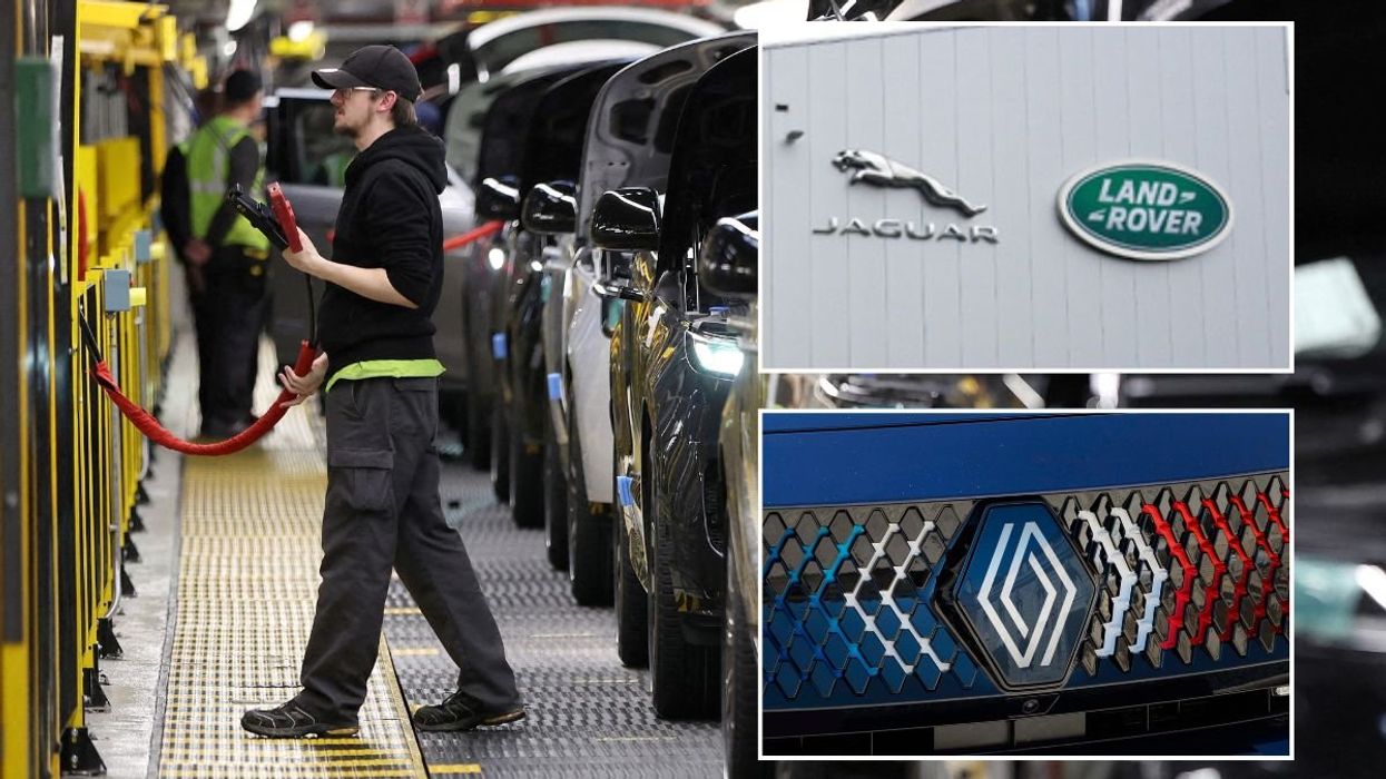 JLR production line, a JLR logo and a Renault logo