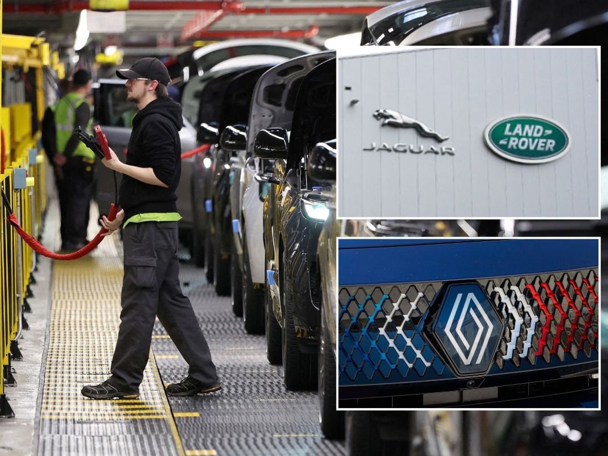 JLR production line, a JLR logo and a Renault logo