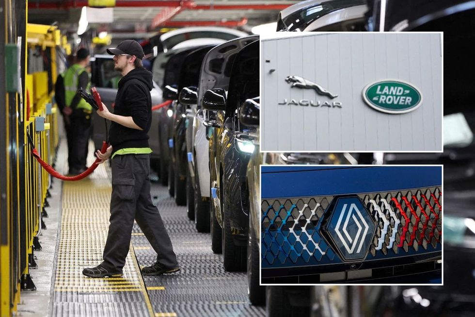 JLR production line, a JLR logo and a Renault logo