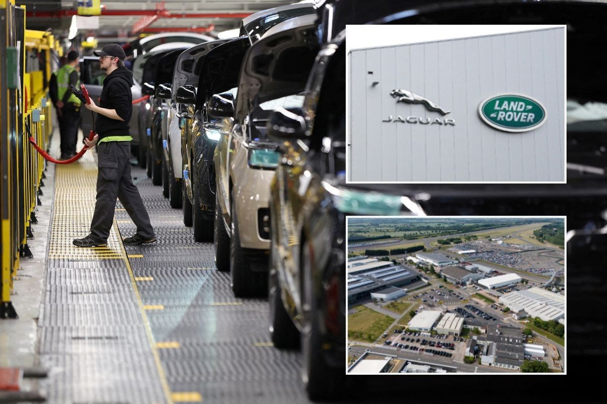 JLR production line, JLR sign and JLR's headquarters in the West Midlands