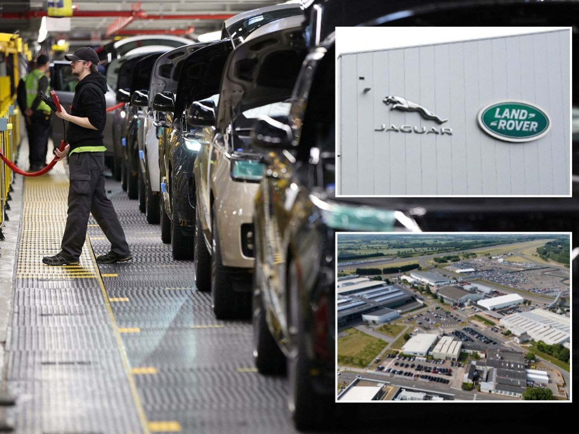 JLR production line, JLR sign and JLR's headquarters in the West Midlands