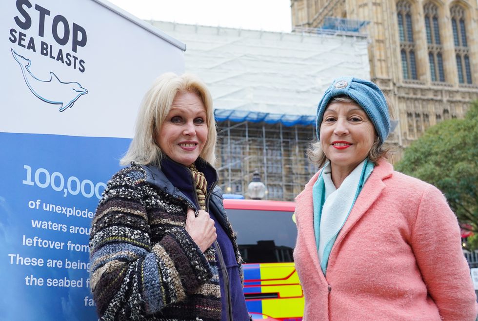 Joanna Lumley, with Rebecca Pow MP, in Old Palace Yard, London, following her victory on banning detonation as a means of clearing underwater unexploded ordnance for offshore windfarm construction.