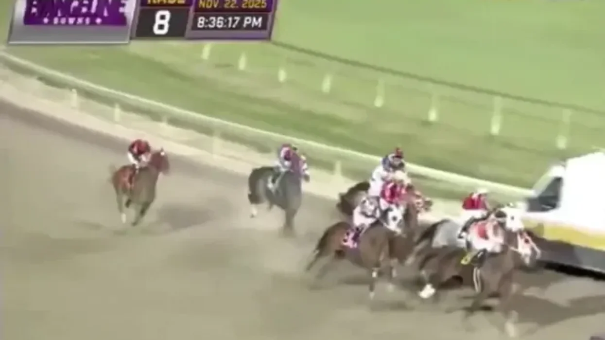 Jockeys and racehorses at Evangeline Downs in Louisiana narrowly avoided a serious collision after they found themselves galloping head-on towards an ambulance that had entered the track moments after the start of a race