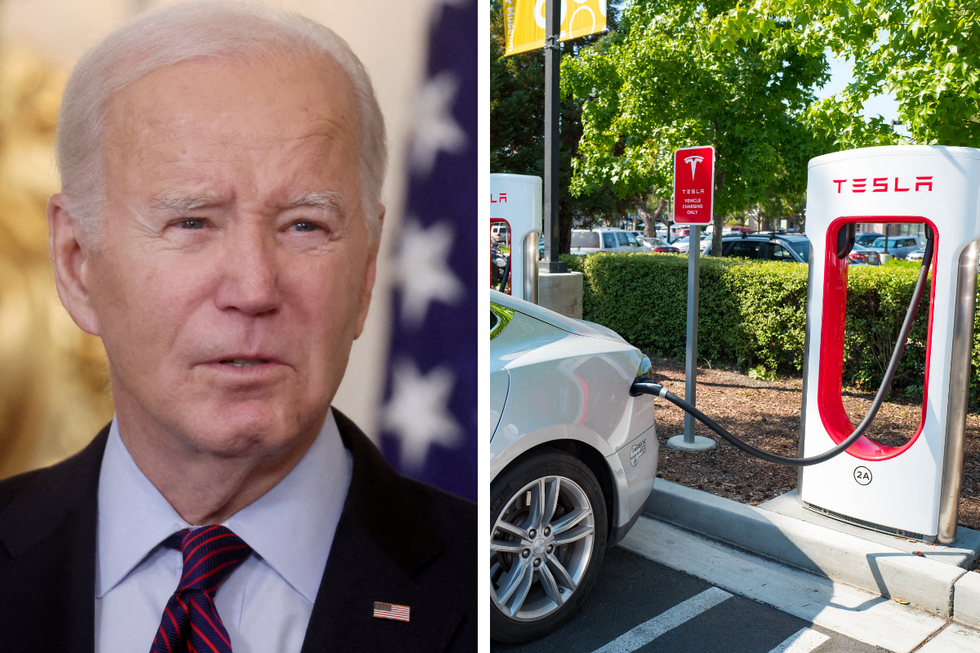 Joe Biden and a Tesla EV charger