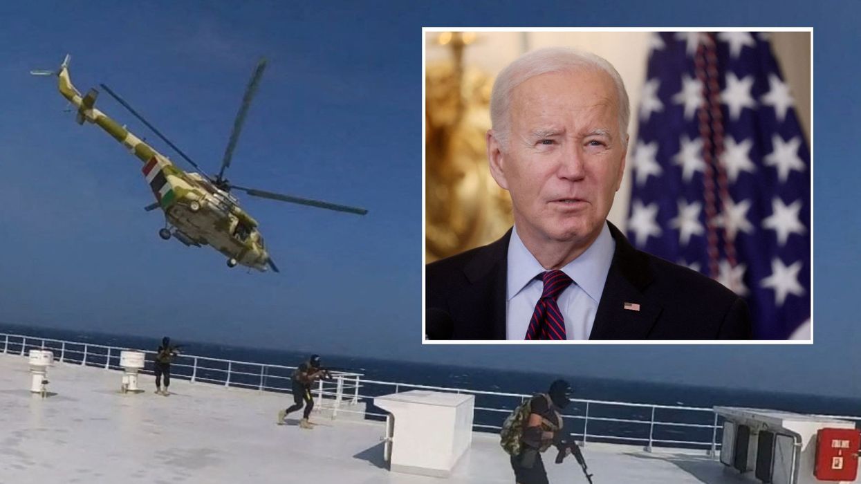 Joe Biden and rebels boarding a ship in the Red Sea