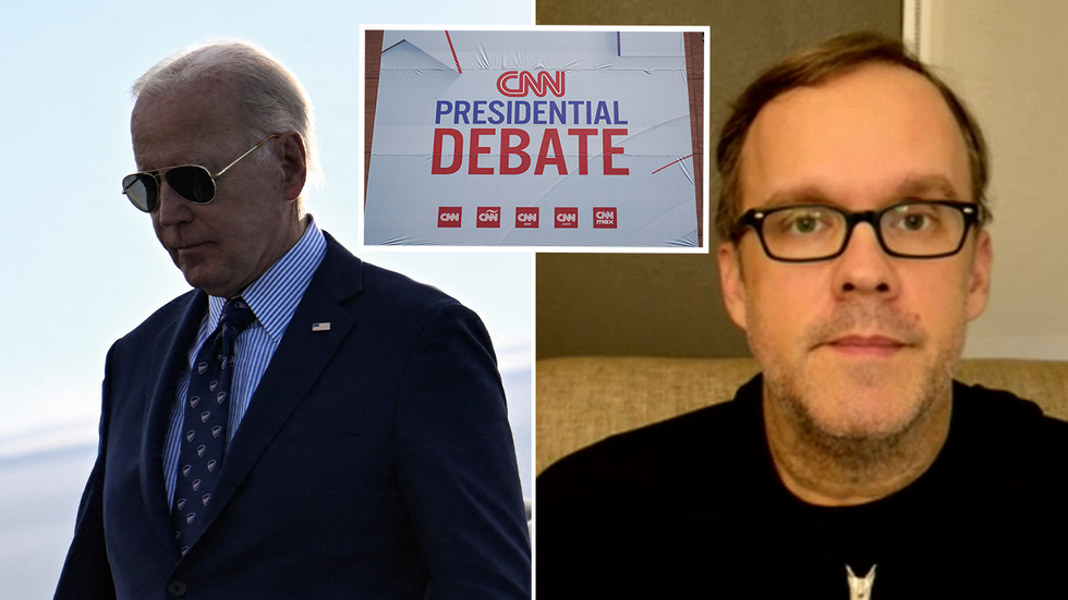 Joe Biden, CNN Presidential debate billboard and Tim Young