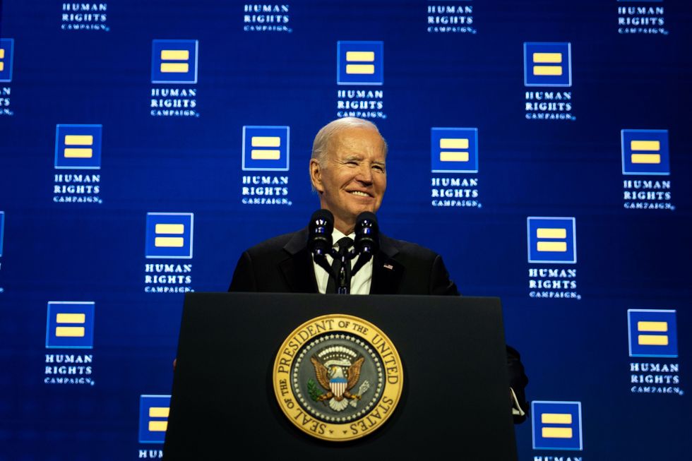 Joe Biden delivers remark on stage during the 2023 Human Rights Campaign National Dinner at the Washington Convention Center