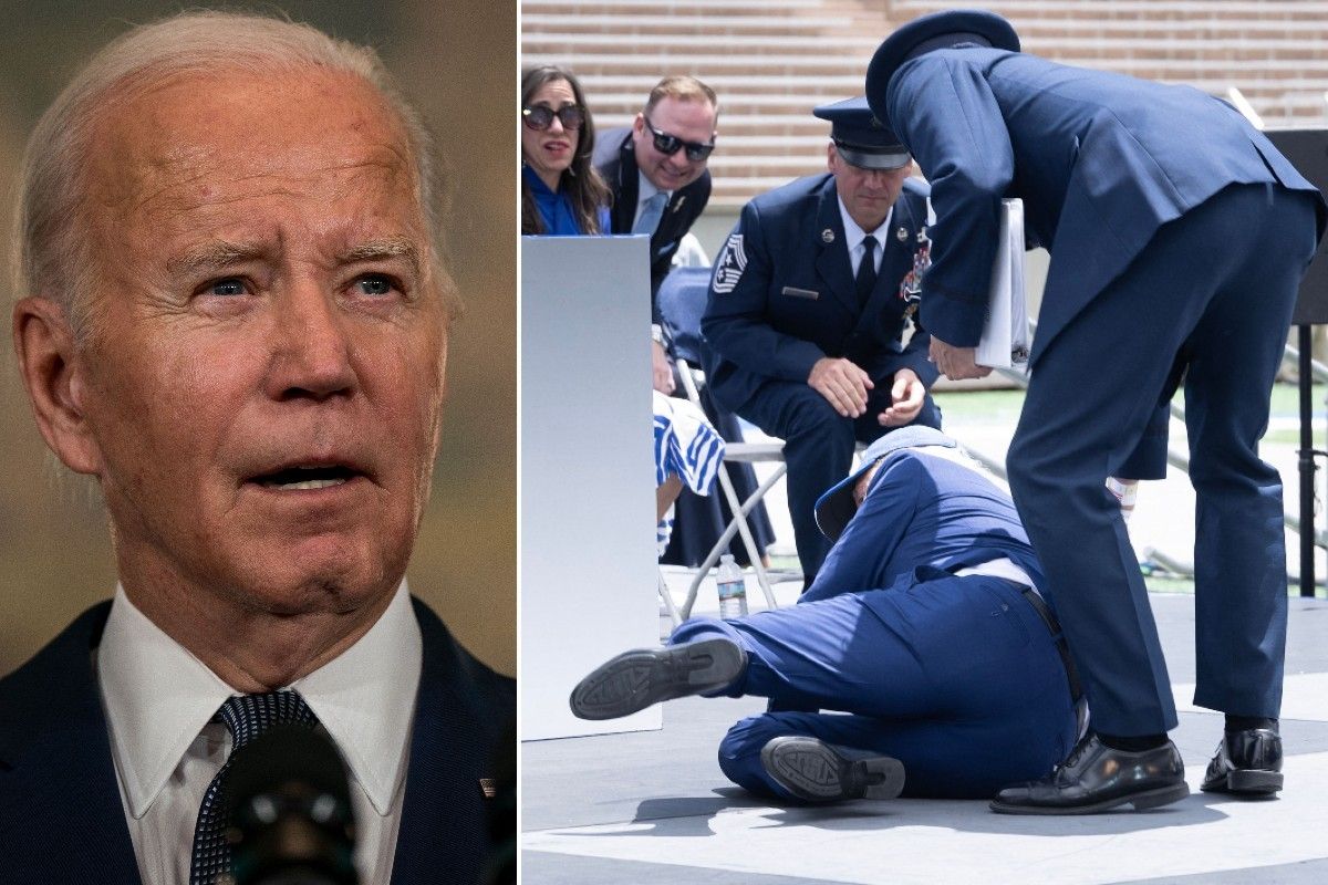 Joe Biden falls over sandbag in Colorado