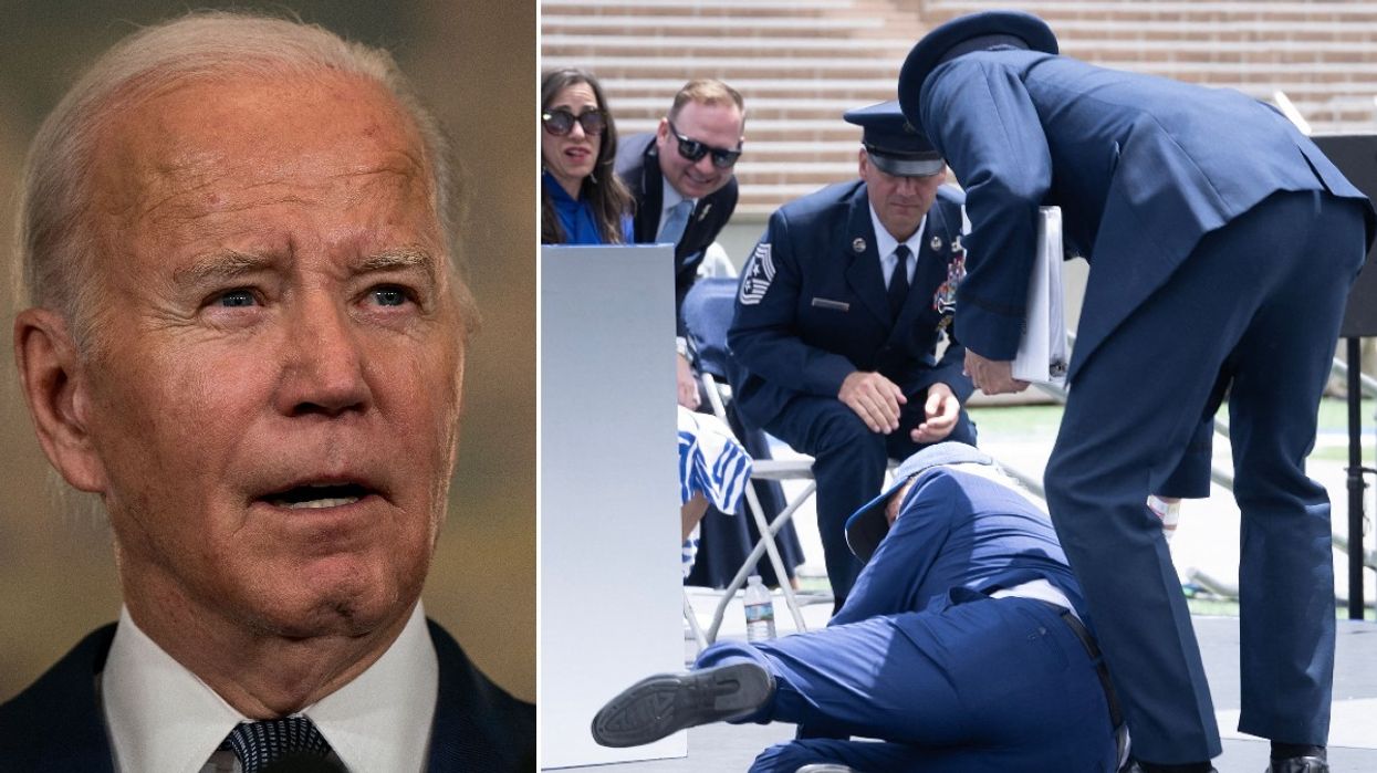 Joe Biden falls over sandbag in Colorado