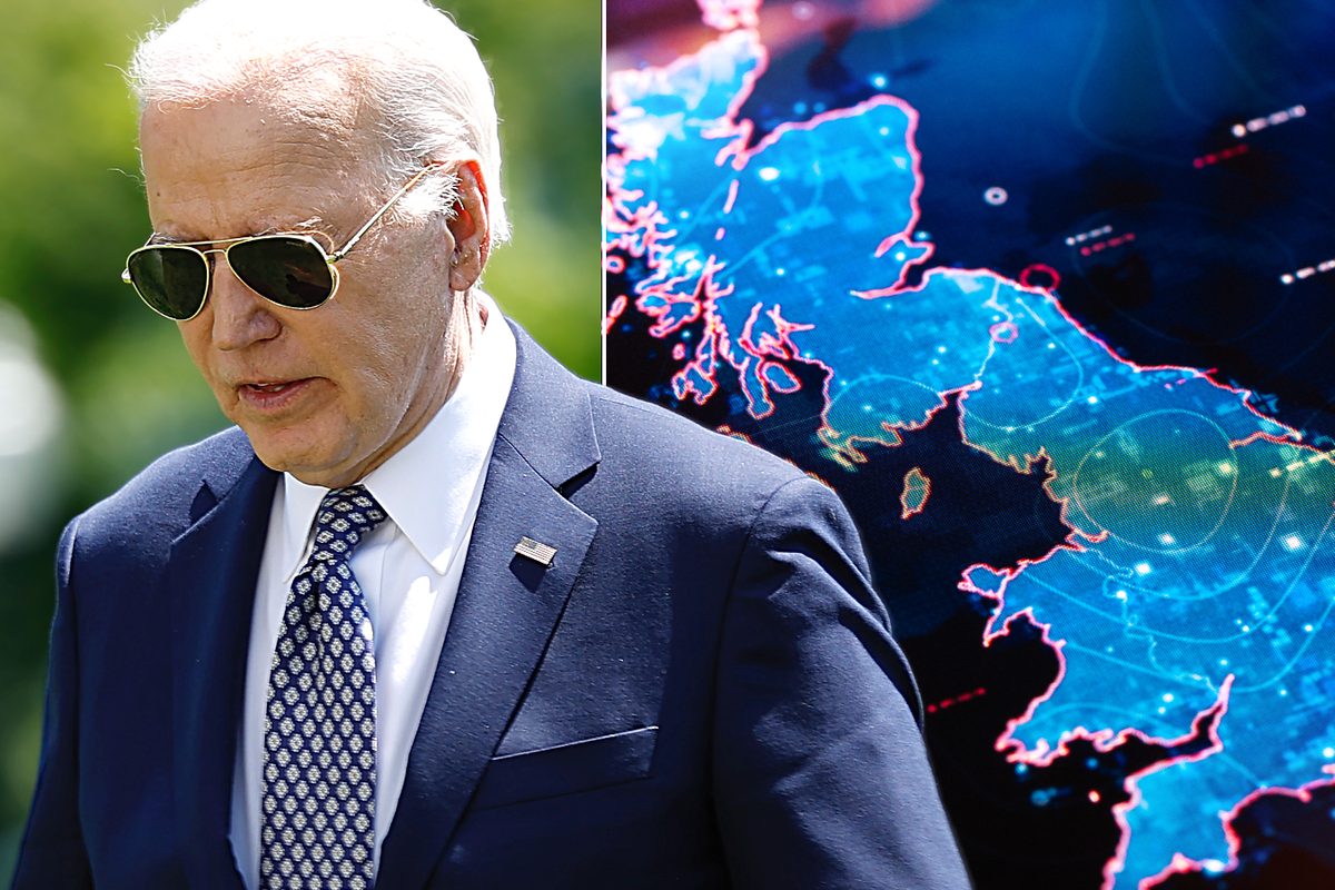 joe biden in sunglasses with an inset image of a map of the UK