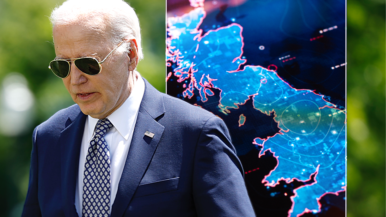 joe biden in sunglasses with an inset image of a map of the UK