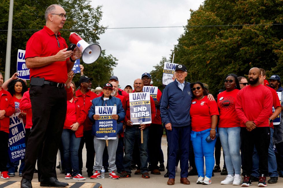 Joe Biden speaking at a UAW picket line