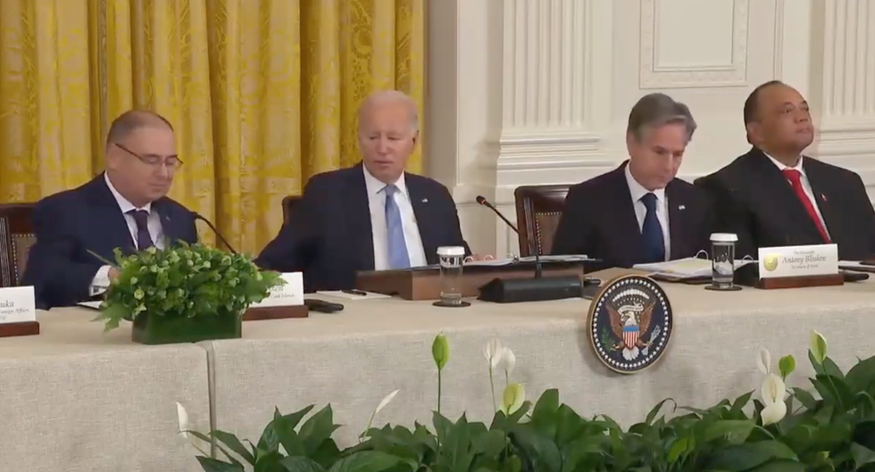 Joe Biden speaking with Pacific islands leaders and Antony Blinken