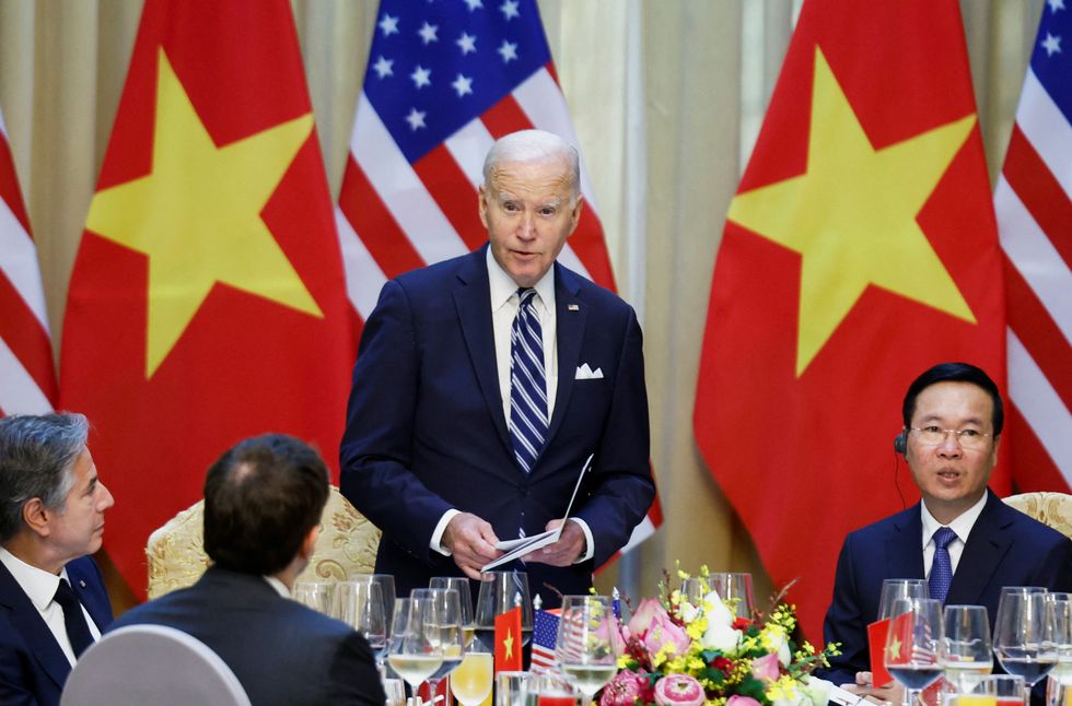 Joe Biden speaks during a meeting with Vietnam's President Vo Van Thuong in Hanoi