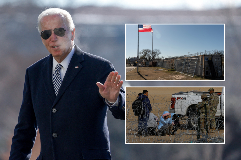 Joe Biden with inset of migrants on the US border