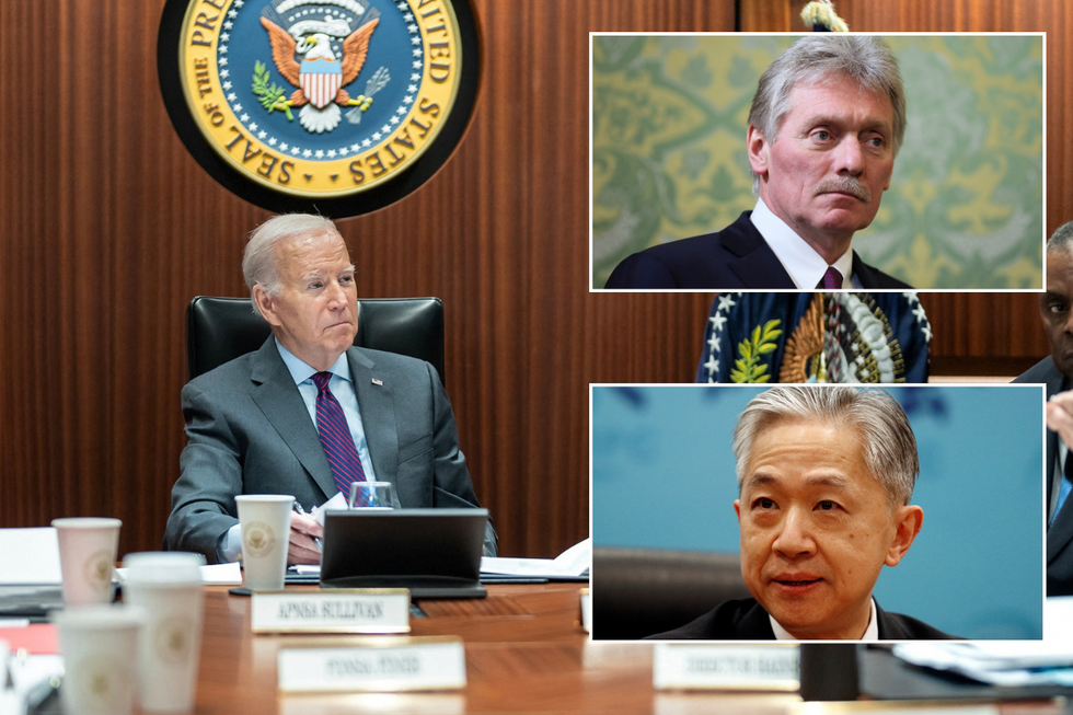 Joe Biden with insets of Dmitry Peskov and Wang Wenbin