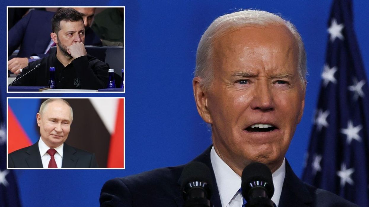Joe Biden with insets of Volodymyr Zelensky and Vladimir Putin