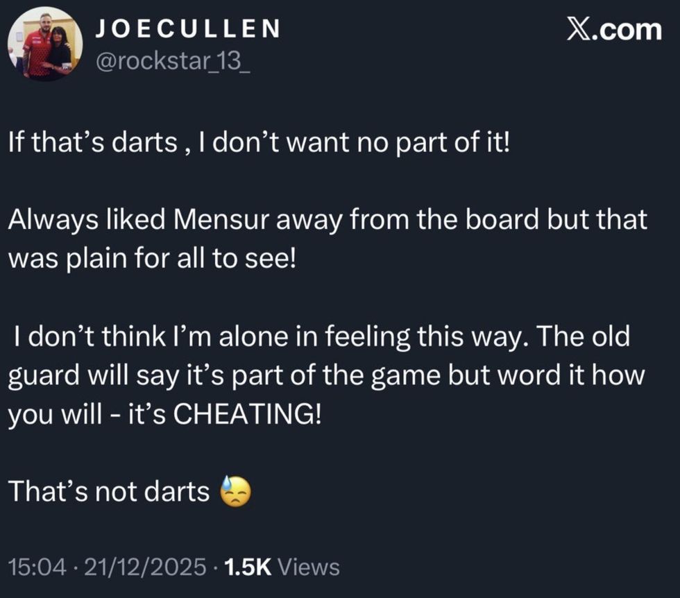 Joe Cullen took to social media to accuse Mensur Suljovic of cheating