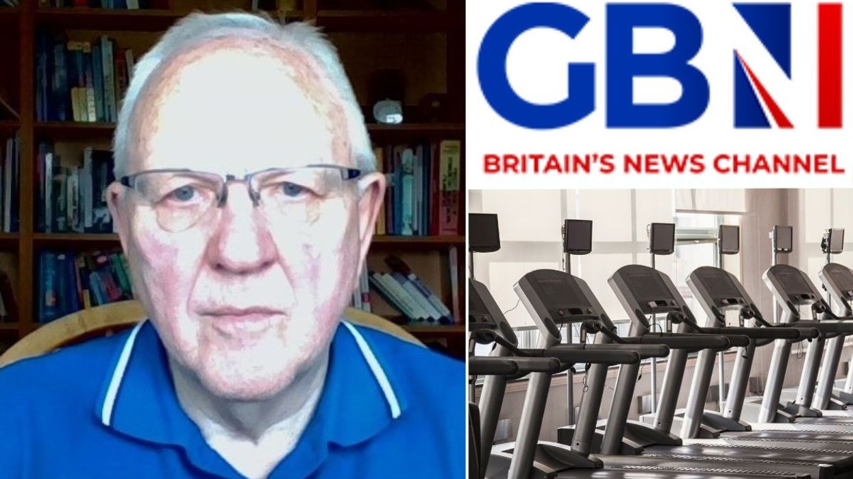 John Bailey, GB News logo and running machines in a gym