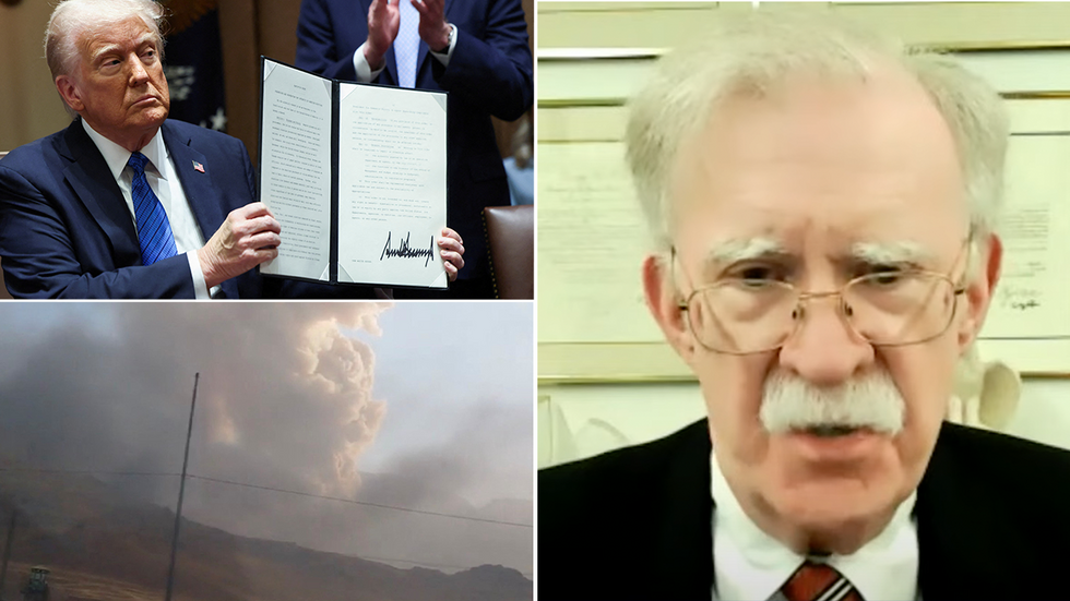John Bolton with inset pictures of Donald Trump and an Israeli airstrike