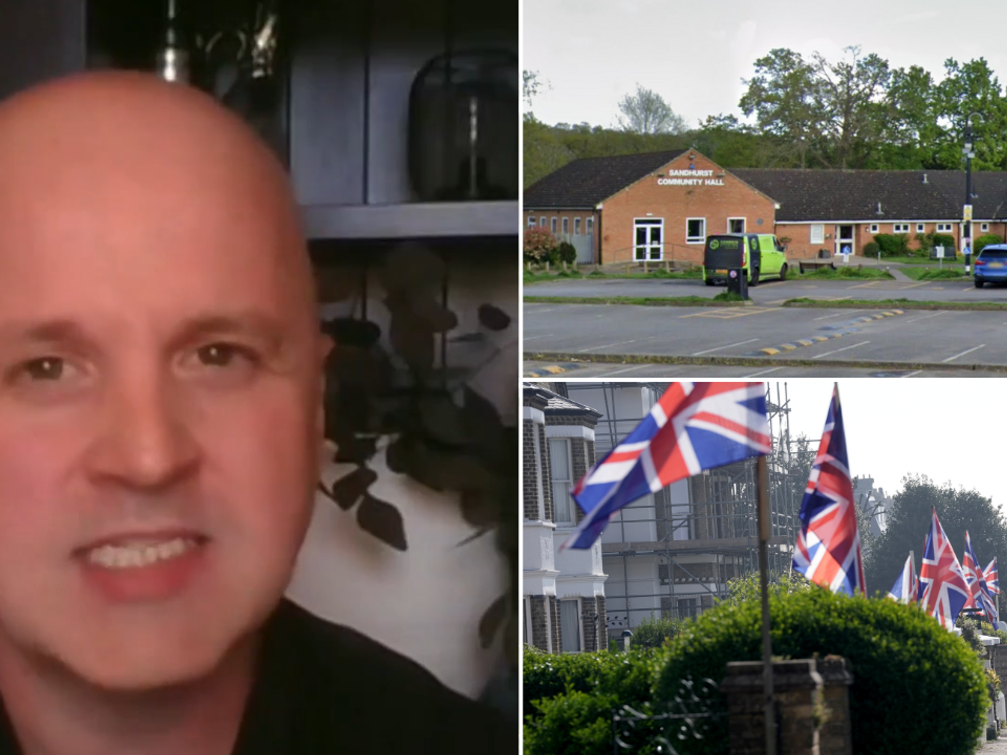 John Edwards, Sandhurst Community Hall and a row of Union flags