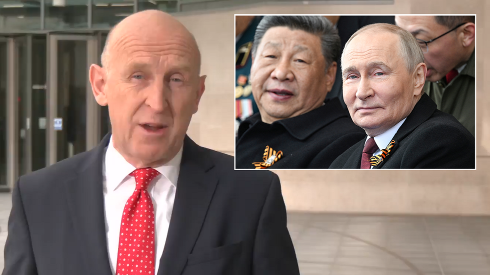 John Healey with an inset image of Xi Jinping next to Vladimir Putin