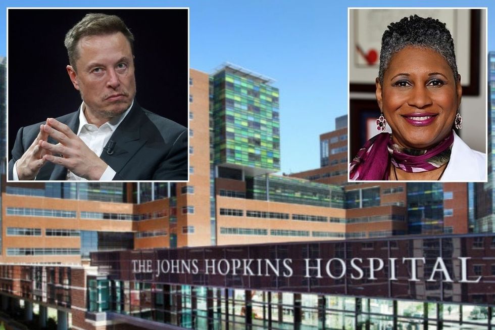 John Hopkins Hospital with Elon Musk and Sherita Hill Golden as insets