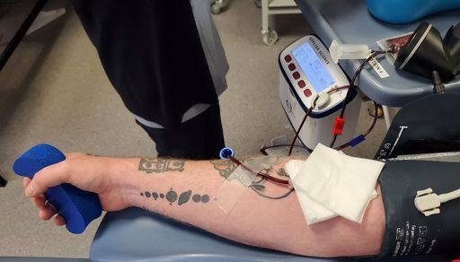John O'Doherty, Director of The Rainbow Project in Belfast, donating blood at the Northern Ireland Blood Transfusion Service headquarters at Belfast City Hospital. A change to blood donation rules for gay and bisexual men in Northern Ireland has been hailed as a %22substantial step towards full equality%22. Men who have been in a same-sex relationship with one partner for more than three months are now able to donate, which will increase the number of eligible blood donors.