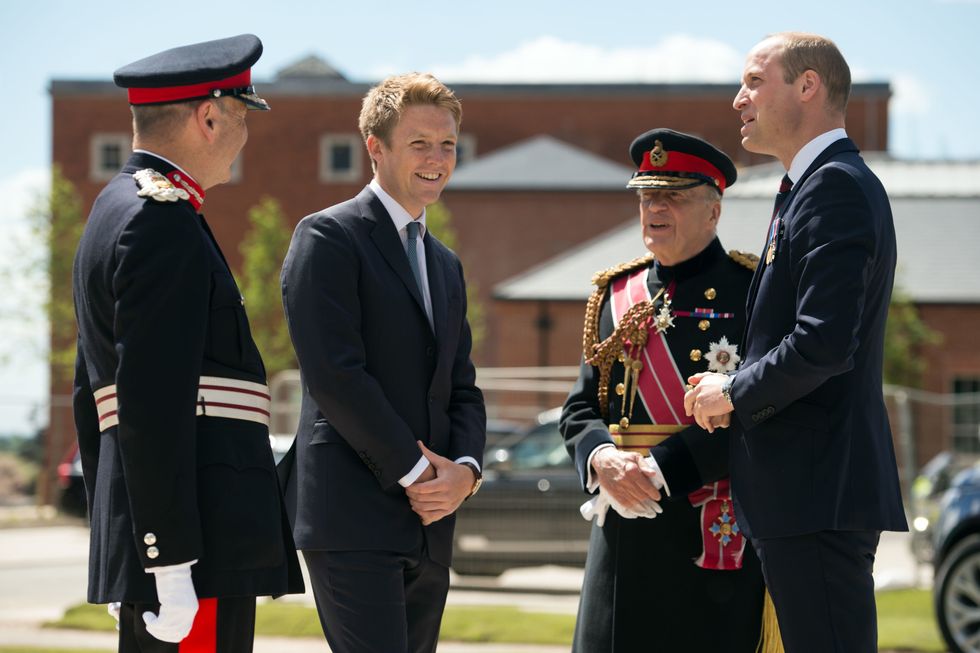 John Peace, Hugh Grosvenor, 7th Duke of Westminster, and General Sir Timothy Granville-Chapman greet the Prince of Wales