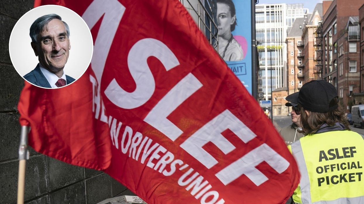 John Redwood and ASLEF drivers' union flag