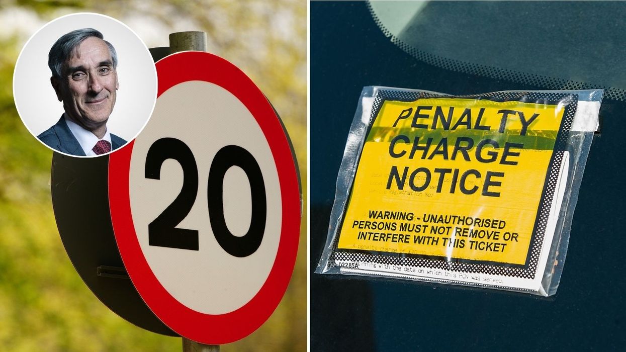 John Redwood and photo of 20mph zone and penalty charge notice sign