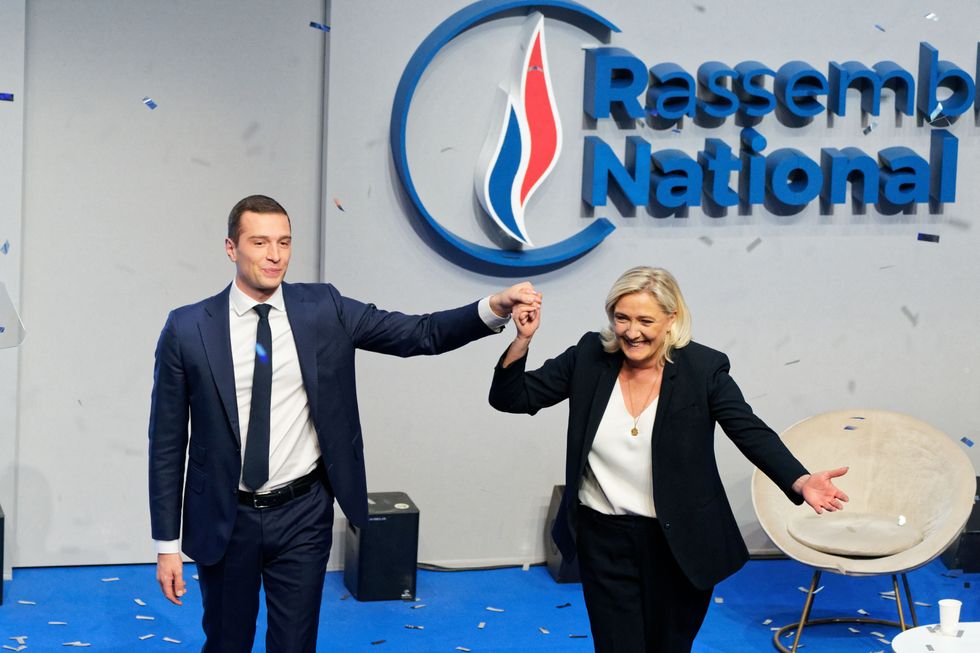 Jordan Bardella (left) and Marine Le Pen (right)