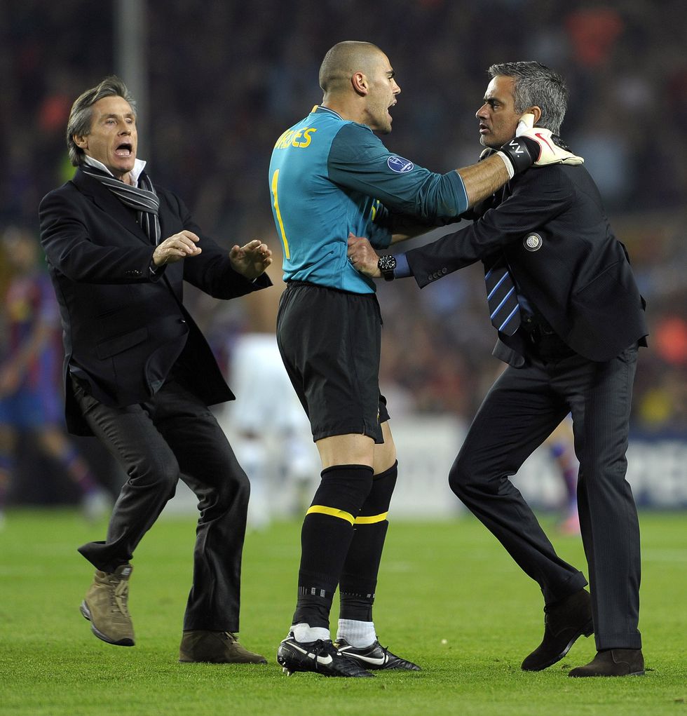 Jose Mourinho clashes with Victor Valdes after Inter Milan knock Barcelona out of the Champions League in 2010