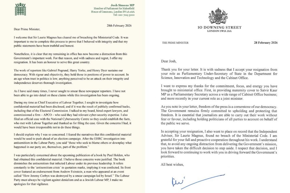 Josh Simons and Sir Keir Starmer exchanged letters today