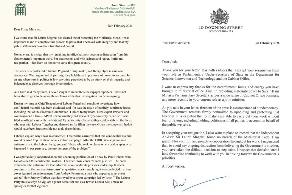 Josh Simons and Sir Keir Starmer exchanged letters today
