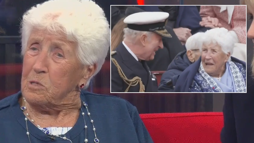 Joy Trew with an inset image of herself sat with King Charles