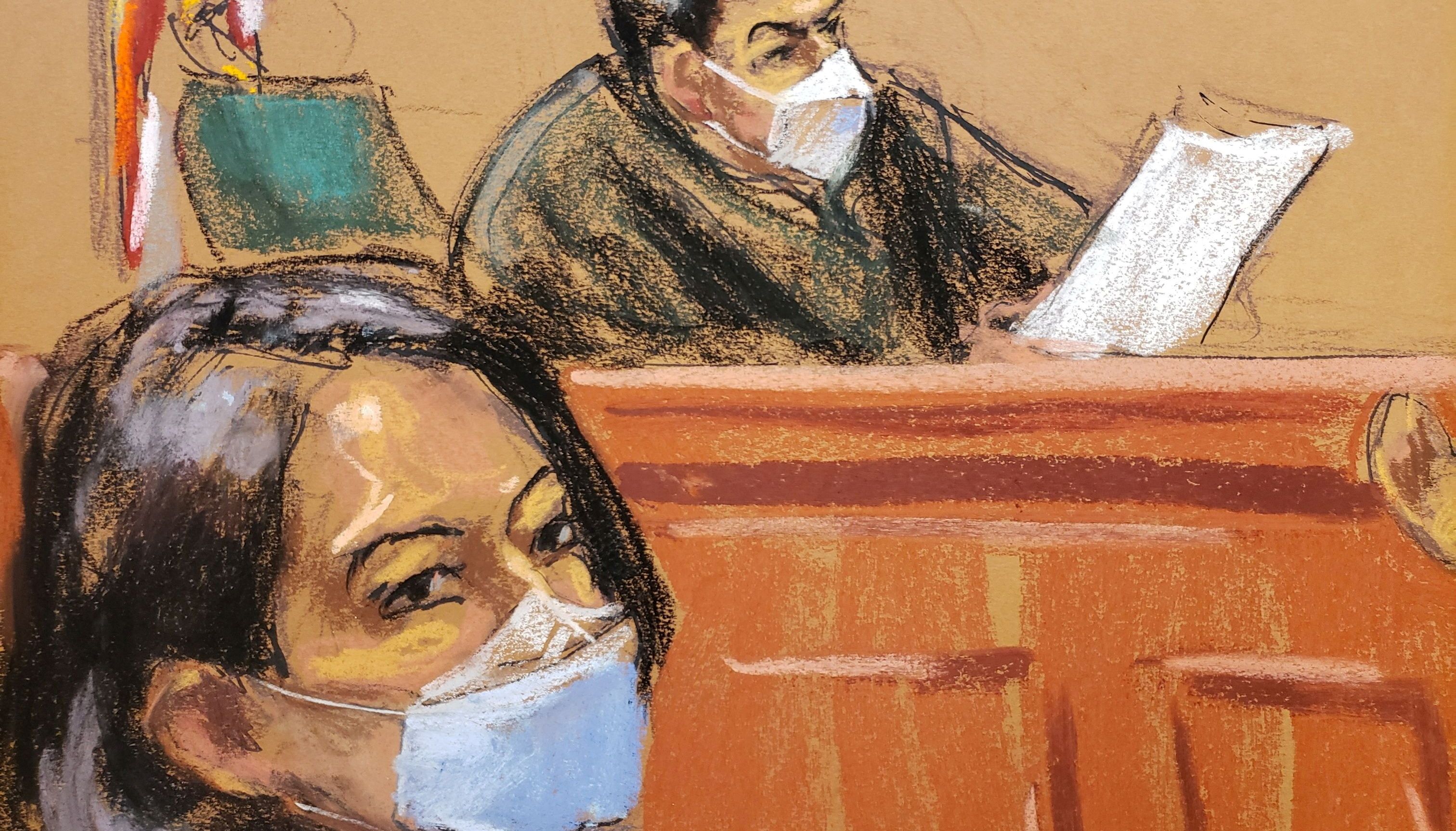 Judge Alison Nathan questions a juror as Jeffrey Epstein associate Ghislaine Maxwell listens in a courtroom sketch in New York City, U.S., March 8, 2022..REUTERS/Jane Rosenberg